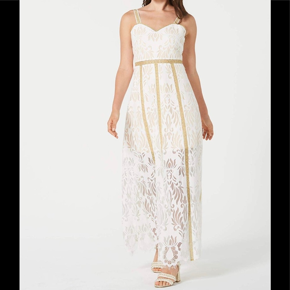 Foxiedox white gold lace straps dress prom wedding
